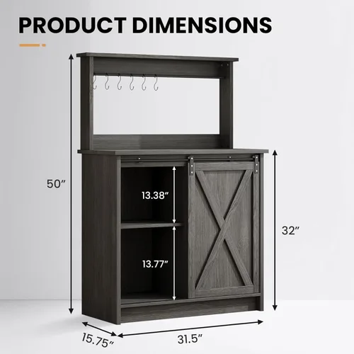 Miniatura 2 de 4ever2buy Barra de café de granja con gabinete, gabinete de buffet de 31 pulgadas con puerta corrediza de granero, armario de barra de Gris