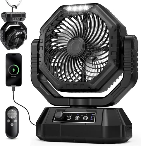 AJVV Ventilador de camping con luz, control remoto y oscilación, ventilador colgante de tienda de campaña a batería, recargable portátil para