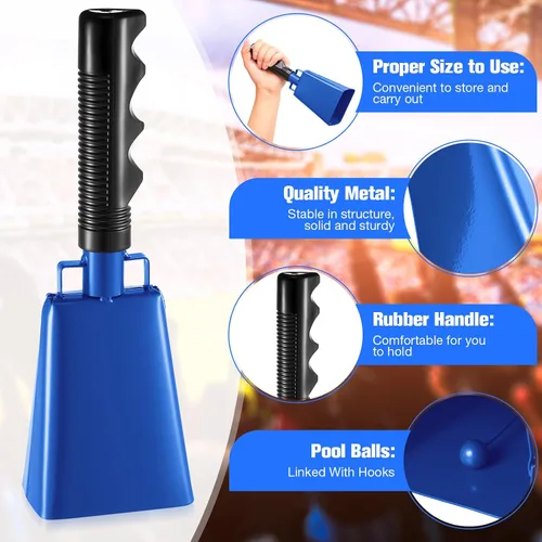 Miniatura 3 de Paquete de 3 campanas de vaca azules con asas, campana de animación para eventos deportivos, juegos de fútbol, escuela sólida grande, instrumentos