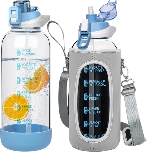 Miniatura 21 de Botella de agua deportiva de vidrio de 32 onzas con popote y marcador de tiempo, botella de vidrio motivacional reutilizable grande para agua Rosa