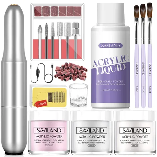 Miniatura 23 de Saviland Kit de iniciación de uñas acrílicas: polvo y líquido acrílico rosa claro nude, cepillo, limas, formularios, uñas a presión, juego