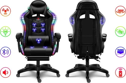 Miniatura 4 de Silla ergonómica para juegos profesional con luces LED y altavoces, silla de videojuegos con masaje y reposapiés, silla de computadora de respaldo