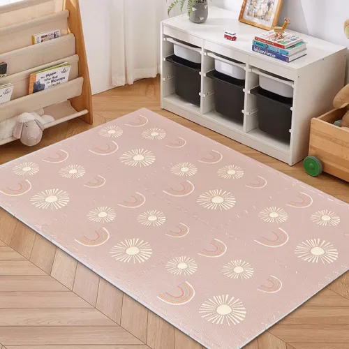 Miniatura 4 de Alfombra de juego para bebés, niños pequeños y bebés, seis azulejos entrelazados hechos con espuma EVA suave no tóxica, 4 x 6 pies