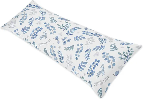 Sweet Jojo Designs Funda de almohada corporal con hojas florales (almohada no incluida), color azul, gris y blanco, bohemio, acuarela, flores