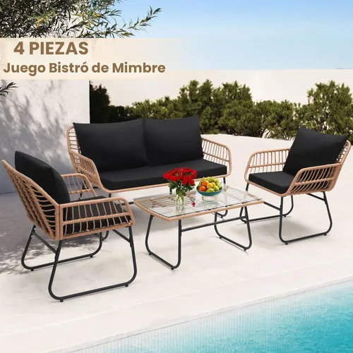 Miniatura 2 de Kromax Juego de 4 muebles de patio estilo bistró para exteriores, sofá de mimbre, 2 sillas de ratán y mesa, juego de conversación para el patio