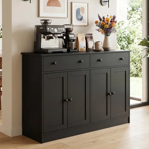 Miniatura 9 de holzart Armario de almacenamiento de buffet negro con 4 puertas, gabinete de barra de café de 49 pulgadas de ancho, aparador de buffet de cocina