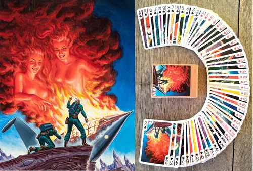Batallas con alienígenas jugando a las cartas (baraja de póquer 54 cartas todas diferentes) Cómic de acción espacial retro vintage de ciencia