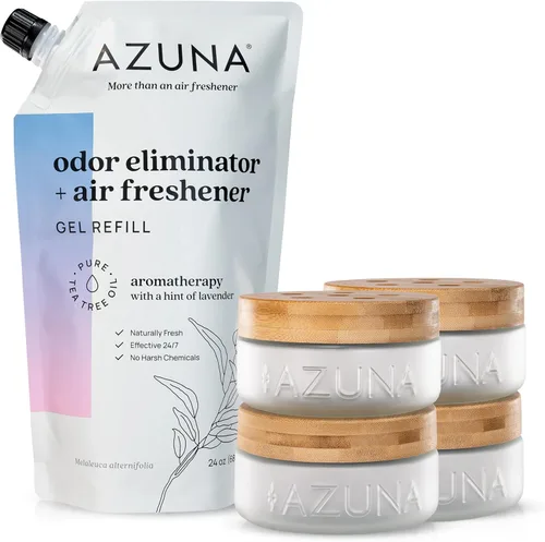 Azuna Ambientador y Eliminador de Olor para Malos Olores Fuertes | Kit de 4 Habitaciones Incluye (4) Frasco de Vidrio Luxe Vacío y Recarga de Gel de
