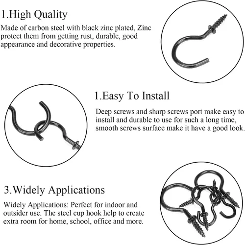 Miniatura 4 de DYWISHKEY Kit de 136 ganchos de rosca de 7 tamaños, ganchos chapados en zinc negro para el hogar, la oficina y el lugar de trabajo