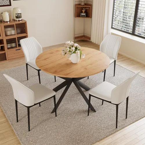 Miniatura 8 de HIPIHOM - Mesa de comedor redonda extensible de 43.2"-59.1", mesa redonda moderna de madera de mediados de siglo, mesa de café de roble para ocio