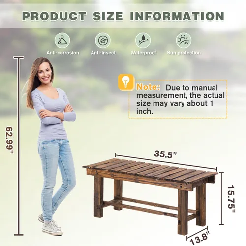 Miniatura 2 de Banco de Jardín al Aire Libre, Banco de Patio de Madera para 2 Personas, Banco Impermeable al Aire Libre Sin Respaldo, Bancos de Jardín Carbonized
