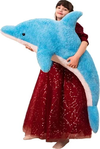 Miniatura 14 de MorisMos Peluche de tiburón gigante de 39 pulgadas, almohada grande de peluche de tiburón para niños, novia, color azul Tiburón azul 39