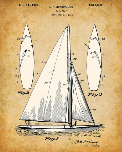 Sail Boat Patent Print - Great Beach House, Cabin and Lake House Antique Decor, Sailing Wall Art Decor, Water Sport Display, Classic Gift for