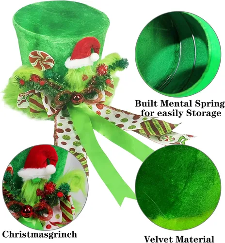 Miniatura 3 de Lordaeron - Gorro de adorno para árbol de Navidad, sombrero grande de terciopelo verde con lazo alargado, decoraciones de árbol de Navidad, adornos