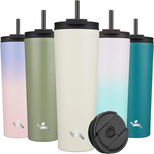 Miniatura 35 de Konokyo Vaso aislado de 18 onzas con tapa y 2 pajillas, botella de agua de acero inoxidable, taza de viaje al vacío, taza de café, color blanco ángel