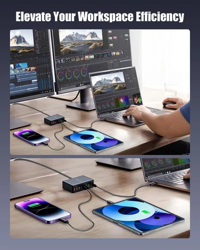 Miniatura 6 de Bloque de cargador USB C de 440 W, estación de carga USB C de 8 puertos GaN IV, estación de carga de múltiples puertos esenciales de viaje, Negro