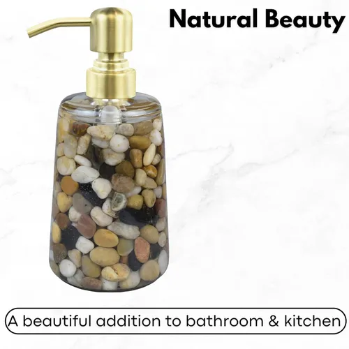 Miniatura 2 de Dispensador de jabón recargable hecho a mano para baño y cocina, dispensador de jabón de piedra Rocks con bomba de acero inoxidable dorado