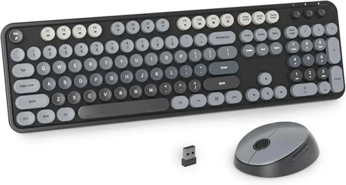 Miniatura 17 de Teclado y mouse azules, bonito combo de teclado y mouse inalámbricos, teclado de máquina de escribir de tamaño completo con teclado numérico, azul