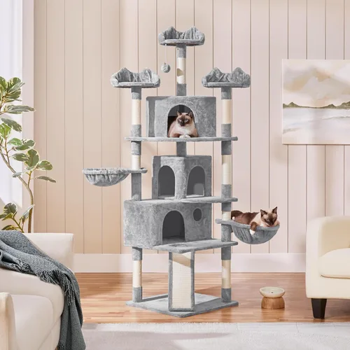 Miniatura 2 de Yaheetech Árbol grande para gatos de 76.5 pulgadas, torre grande para gatos con 3 condominios, perchas de felpa acogedoras, 9 postes rascadores