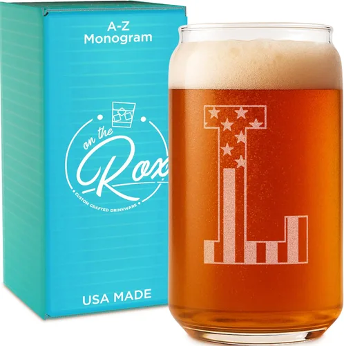 Miniatura 15 de Vaso en forma de lata de cerveza con monograma grabado - bandera de EE.UU.