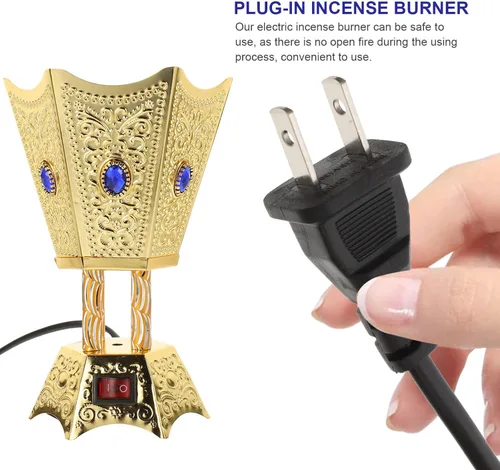 Miniatura 4 de SEWACC Quemador de incienso eléctrico de metal, estilo de Oriente Medio, quemador de incienso eléctrico de mesa, para hogar, oficina, yoga