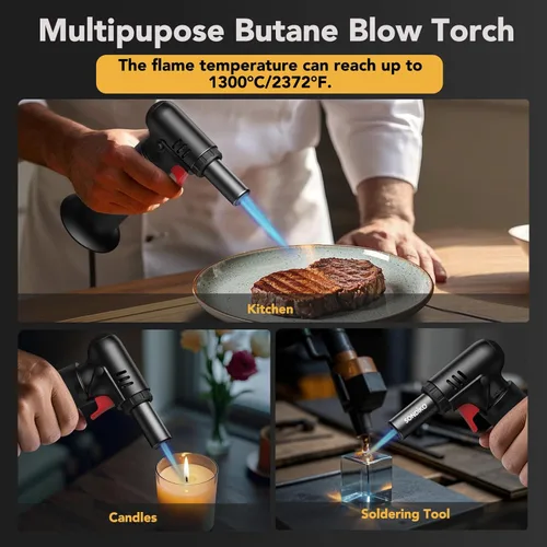 Miniatura 6 de Sondiko S907 Soplete de butano con indicador de combustible, encendedor recargable con llama ajustable para soldadura, arte de resina y uso Negro 2