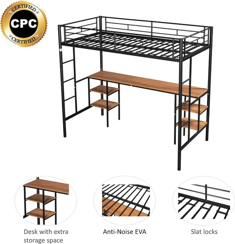 Miniatura 6 de Escritorio y estantes de metal tamaño individual, cama alta de metal con escritorio y estantes de almacenamiento, marco de cama que ahorra espacio