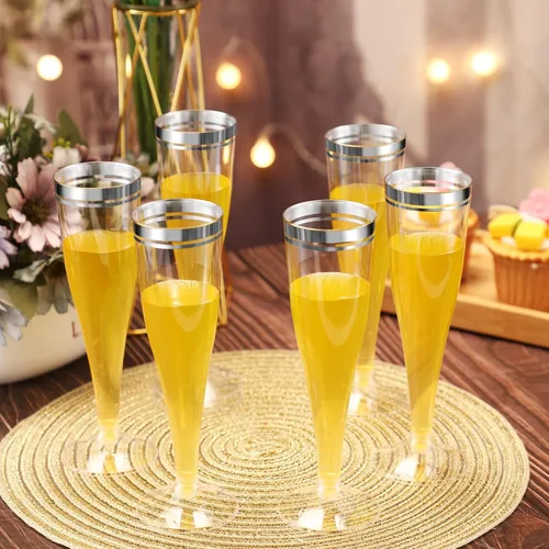 Miniatura 5 de Skylety 100 copas de champán con borde plateado a granel de 4.5 onzas, vasos de plástico transparente para tostar, vasos de mimosa, vasos de cóctel