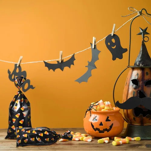 Miniatura 6 de 100 bolsas de celofán de Halloween con patrón de maíz de caramelo, bolsas de celofán con 200 lazos dorados para galletas y aperitivos de chocolate
