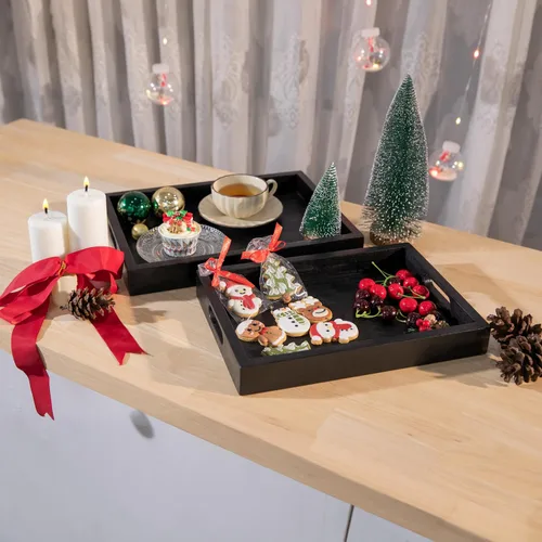 Miniatura 8 de Bandeja rectangular de madera de acacia negra con asas, juego de 2 (15 x 11 pulgadas y 13 x 10 pulgadas), bandeja grande para otomana, desayuno