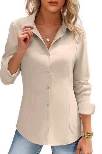 Miniatura 14 de HOTOUCH Camisas de mujer con botones de manga larga, camisa de vestir ajustada, blusas de trabajo, cuello, elegantes, casuales, de negocios