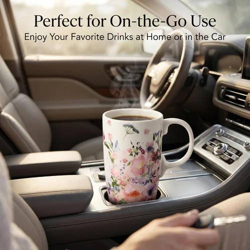 Miniatura 8 de Topadorn Tazas de Viaje de Cerámica Taza de Té Latte de Porcelana Taza de Café con Caja de Regalo, 17 oz. Jardín Rosa Rosa (PINK GARDEN)