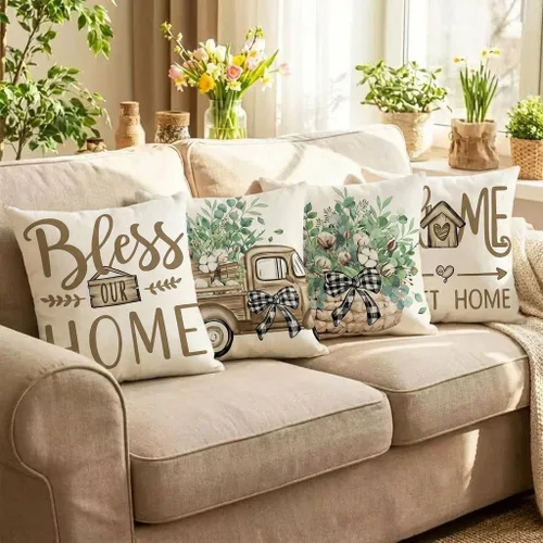 Miniatura 2 de wyooxoo Juego de 4 fundas de almohada de 16 x 16 pulgadas, fundas de almohada de granja beige dulce para el hogar, fundas para sofá, sala de estar