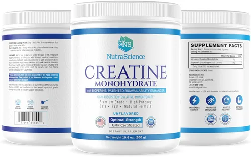 Miniatura 4 de NutraScience - Monohidrato de creatina en polvo con BioPerine, apoya el crecimiento y la recuperación muscular magra, 60 porciones, 5000 mg por
