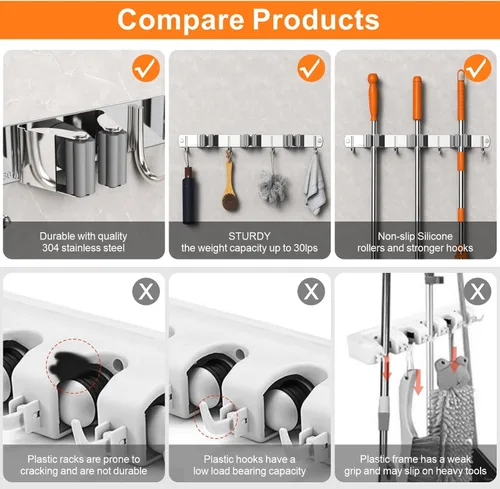 Miniatura 6 de CUXIXA Organizador de escoba y trapeador para colgar en la pared, soporte de pared mejorado para trapeador y escoba, soporte de pared de acero Plata