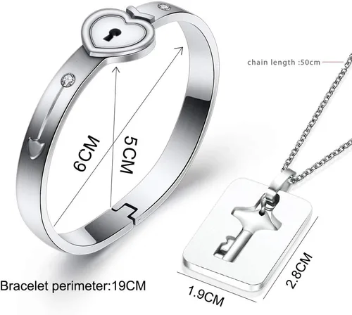 Miniatura 7 de MYNENEY Juego de pulsera con cerradura y llavero para parejas, brazalete de corazón de acero inoxidable para hombres y mujeres, regalo romántico