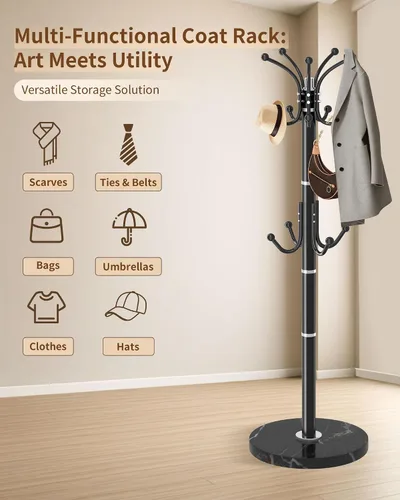 Miniatura 8 de Soporte Moderno para Abrigeros, Perchero Giratorio de 360° de Metal Independiente con Base de Mármol Natural, Perchero de Abrigos Negro y Árbol