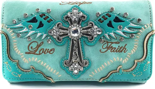 Zelris Faith Love Hope Cross Angel Wing Bible Women Crossbody Trifold Wallet