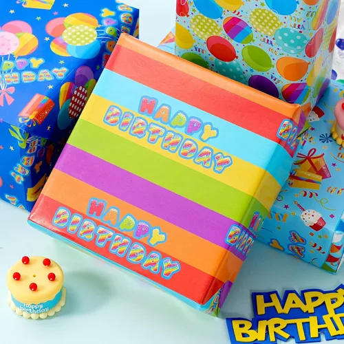 Miniatura 6 de PlandRichW Papel de regalo de cumpleaños, 4 divertidos diseños de fiesta, globos, arcoíris, cupcakes, confeti, plegado de 20 x 29 pulgadas, 12