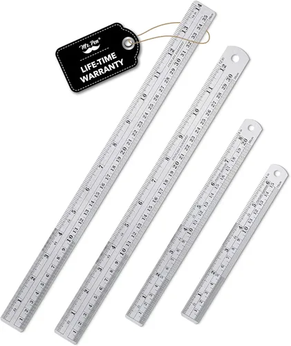 Mr. Pen - Reglas de acero, reglas de metal de 15, 20, 30 y 35 cm, paquete de 4 unidades Plateado