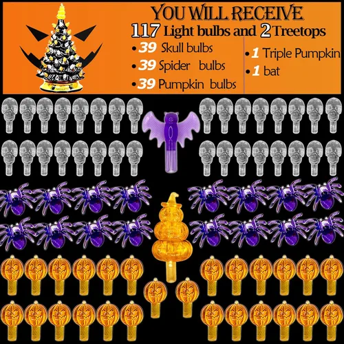 Miniatura 3 de 117 bombillas de repuesto para árboles de cerámica de Halloween, incluyendo cráneo/cabeza de calabaza, araña y 2 tapas temáticas de árbol