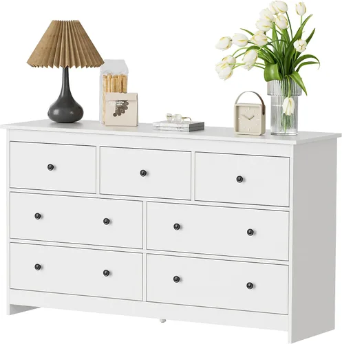 Miniatura 7 de Tradare Cómoda blanca de 7 cajones para dormitorio, cómoda de madera de 55 pulgadas de ancho con asas de metal, organizador moderno y grande