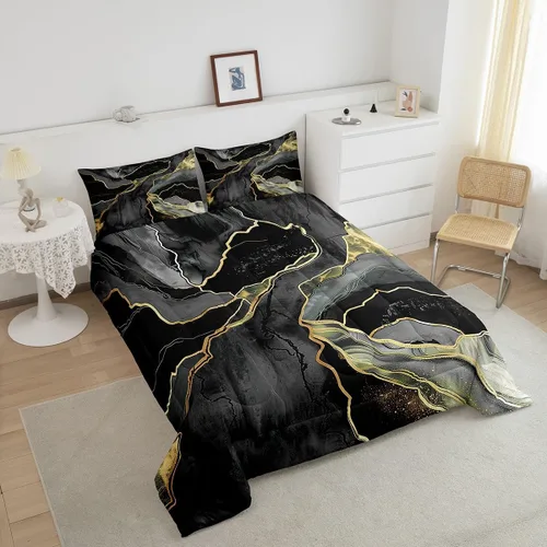 Miniatura 4 de Juego de edredón de lujo negro y gris, juego de ropa de cama con lentejuelas doradas y mármol, relleno de edredón con textura abstracta de mármol