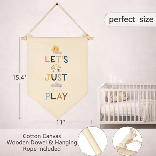Miniatura 6 de Let's Just Play - Letrero colgante de lona para pared, regalo para bebés, niños, habitación de niños, sala de juegos, sol, arcoíris, nubes oscuras