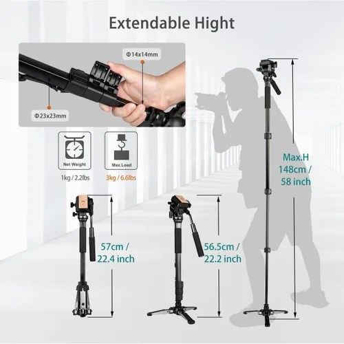 Miniatura 2 de Monopod extensible de aluminio para cámara con cabezal fluido y base de trípode plegable para cámara DSLR. Altura máxima de 58 pulgadas. Carga útil