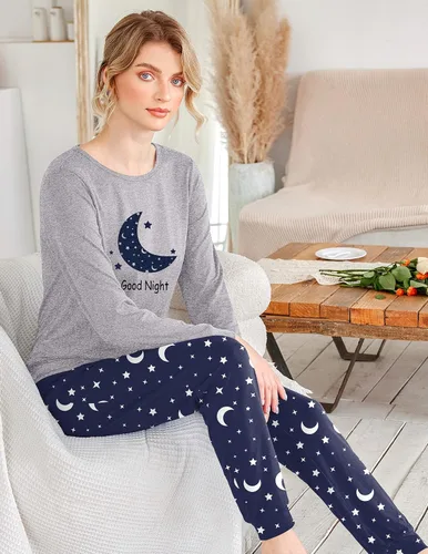 Miniatura 250 de Ekouaer Conjunto de pijama de manga larga para mujer, ropa de dormir suave con cuello redondo y bolsillos