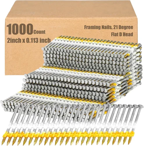 Miniatura 14 de Clavos de encuadre Therwen, 21 grados, cabeza plana en D, galvanizados, vástago con anillo, fila fija de plástico, clavos de encuadre de 21 grados