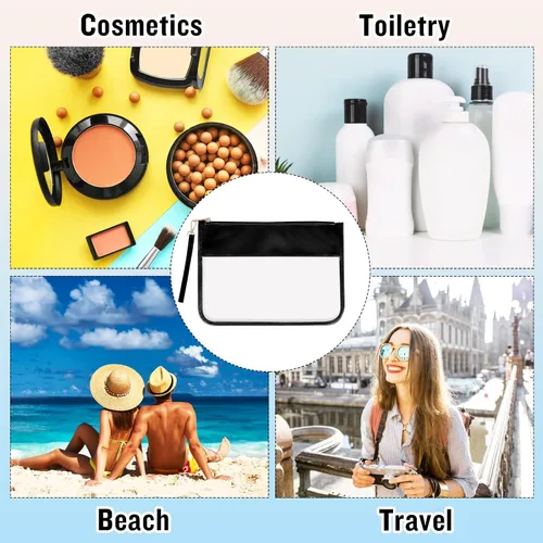Miniatura 6 de Izuzta Bolsa plana de PVC transparente – Bolsa de maquillaje de viaje con pulsera, bolsa de letras de chenilla, bolsa de cosméticos portátil Negro