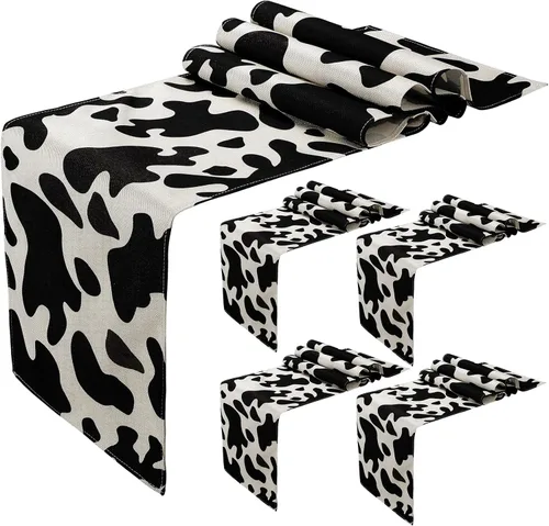 Kingdder Camino de mesa de lino con estampado de vaca, mantel de cuero de vaca blanco y negro, para fiestas, cocina, granero occidental, vaquero,