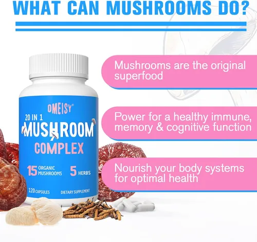 Miniatura 9 de Suplemento de hongos de 2600 mg, complejo de hongos 20 en 1, con melena de león, cordyceps, reishi, cola de pavo, Chaga - Suplementos cerebrales